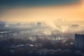 industrial smoggy skyline, with smoke and haze from factory chimneys