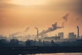 industrial smoggy skyline, with smoke and haze from factory chimneys