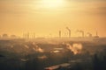 industrial smoggy skyline, with smoke and haze from factory chimneys