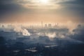 industrial smoggy skyline, with smoke and haze from factory chimneys