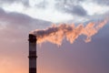 Industrial smoke from chimney on dramatic sundown sky. Factory pipe sending smoke to the atmosphere, air pollution of industry Royalty Free Stock Photo