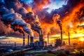 Industrial Smoke Pollution Against a Dramatic Sunset A Striking Visual of Environmental Degradation and Air Quality Royalty Free Stock Photo