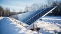 Industrial solar power farm station in winter, snow on the ground. Renewable energy concept