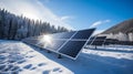 Industrial solar power farm station in winter, snow on the ground. Renewable energy concept