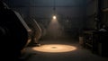 Industrial Solitude: The Lone Light in a Mechanical Workshop Royalty Free Stock Photo