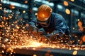 Industrial sparks fly as worker cuts metal, showcasing precision craftsmanship