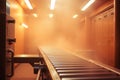 Industrial Spray Booth with Conveyor Belt, Orange Haze and Lighting - Manufacturing Process Visualization Royalty Free Stock Photo