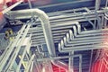 Industrial Steel pipelines, valves, cables walkways Royalty Free Stock Photo