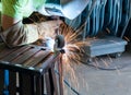 Industrial steel welder in factory working side Royalty Free Stock Photo