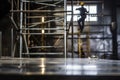 industrial steel workstation, tradesmen climbing scaffolding gently blurred behind