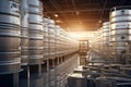 Industrial storage barrel brewery steel stack warehouse metallic alcohol container factory Royalty Free Stock Photo