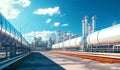 Industrial storage zone for oil, gas terminal tanks. Oil refinery plant pipe line at sunny day. Royalty Free Stock Photo