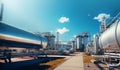 Industrial storage zone for oil, gas terminal tanks. Oil refinery plant pipe line at sunny day. Royalty Free Stock Photo