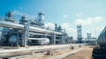 Industrial storage zone for oil, gas terminal tanks. Oil refinery plant pipe line at sunny day. Royalty Free Stock Photo