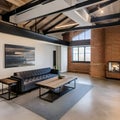 An industrial-style home with exposed brick, steel beams, and a garage door entrance4, Generative AI