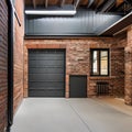 An industrial-style home with exposed brick, steel beams, and a garage door entrance1, Generative AI