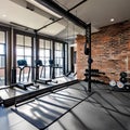 An industrial-style home gym with exposed pipes, concrete walls, and vintage gym equipment3