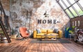 Industrial style of interior design with grunge walls, loft style, 3d render