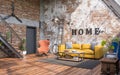 Industrial style of interior design with grunge walls, loft style, 3d render