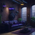 Industrial Style Interior living Room Steampunk Style Dark Neon Tube Lights Metal Pipes Large Leather Sofa Generative Ai