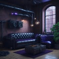 Industrial Style Interior living Room Steampunk Style Dark Neon Tube Lights Metal Pipes Large Leather Sofa Generative Ai