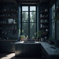 Industrial Style Interiror Kitchen Room, Large Windows Sunlight, Open Shelfs, Plants in pots, Personal Acsesories Generative Ai