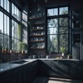 Industrial Style Interiror Kitchen Room, Large Windows Sunlight, Open Shelfs, Plants in pots, Personal Acsesories Generative Ai