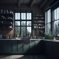 Industrial Style Interiror Kitchen Room, Large Windows Sunlight, Open Shelfs, Plants in pots, Personal Acsesories Generative Ai