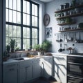 Industrial Style Interiror Kitchen Room, Large Windows Sunlight, Open Shelfs, Plants in pots, Personal Acsesories Generative Ai