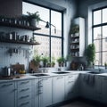 Industrial Style Interiror Kitchen Room, Large Windows Sunlight, Open Shelfs, Plants in pots, Personal Acsesories Generative Ai