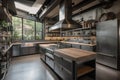 industrial-style kitchen with exposed pipes, concrete countertops and stainless steel appliances