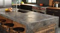 In a industrial style kitchen a large island with a stonelook LVT countertop serves as the focal point. The LVT not only