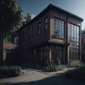 Industrial Style large House, Brick wall, Neighbourhood Alley, Trees, Sunny day, Generative Ai