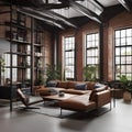 An industrial-style loft apartment with brick walls, metal piping, high ceilings, and open spaces filled with contemporary furni