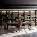 industrial-style ooffice with concrete floors, raw steel beams, large wooden desk, leather office chair