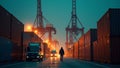 Industrial Sunset: Cargo Containers and Cranes Royalty Free Stock Photo