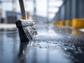 Industrial sweeping of a wet floor with a broom in a modern workspace Royalty Free Stock Photo