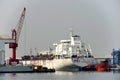 Industrial tanker ship docked and under repair in PAL Surabaya, Indonesia on August 2022