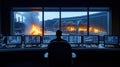 Industrial tech control room. Operator monitors smelting workshop process. Modern tech displays furnace temps, ore data. Large