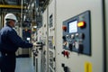 Industrial Technician Operating Control Panel in High-Tech Facility for Monitoring Systems and Equipment, Focused on Precision and Royalty Free Stock Photo