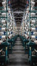 Industrial textile factory with white thread spools on machines in spacious warehouse