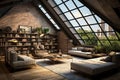 Industrial-themed attic. Exposed brick walls, metal fixtures