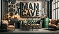 An industrial-themed man cave with exposed brick walls, metal pipes, vintage leather and a prominent \