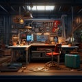 Industrial-themed workbench setup for innovative inventors