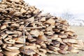 Industrial timber wood for carpentry,building,repairing, lumber material for roofing construction. stack natural chopped