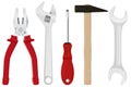 Industrial tools kit - pliers, adjustable wrench, screwdriver, hammer, spanner. Metal tools with red handles