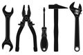 Industrial tools kit - spanner, pliers, screwdriver, hammer, adjustable wrench. Black silhouettes