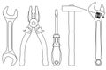 Industrial tools kit - spanner, pliers, screwdriver, hammer, adjustable wrench. Outline drawing