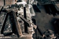 Industrial tools in old factory, metal table with mechanic wrench and hammer