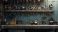 Industrial tools on a workspace wall featuring gears, safety goggles, and various instruments for mechanical tasks Royalty Free Stock Photo